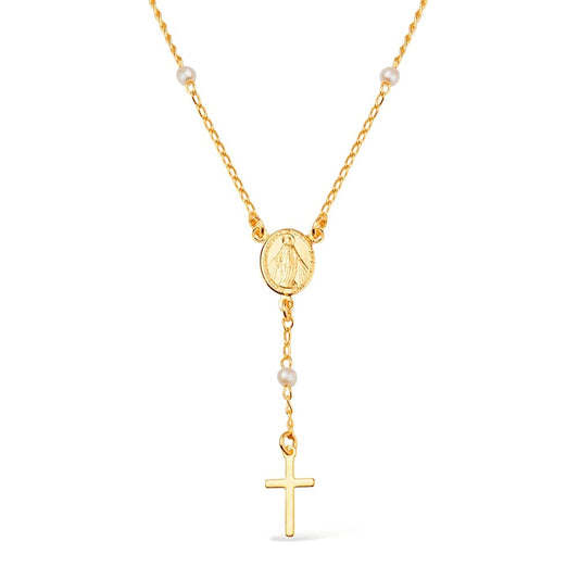 Colar Dourado Religioso Terço Cruz e Pérolas