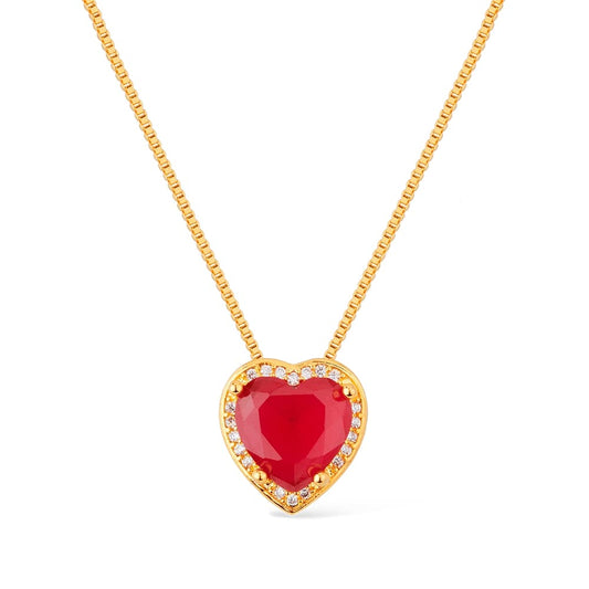 Colar Dourado de Pedra Natural Vermelha Coração Cravejado de Zircônia